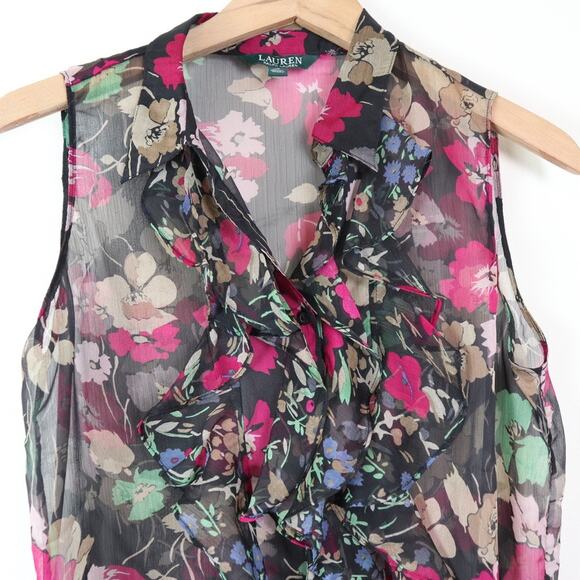 Ralph Lauren Size 10 Ruffled Sleeveless Blouse Sheer Floral Black Pink - Picture 4 of 10